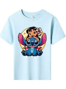 Disney Lilo And Stitch Printed Pattern T-Shirts For Girls - Children's Clothing Design Short-Sleeved Casual And Cute Style Comfortable And Casual Wear All Year Round Suitable For Parties And Play Machine Washable Gift Children's Clothing Girls' Short-Sleeved Shirts - 淺藍色 - 查看 2