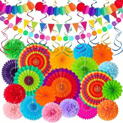 33Pcs Decorations Multi-Color Paper Fans Garlands Pennant Pom Poms Hanging Swirls For Birthday Wedding Rainbow Mexican Party