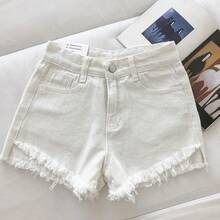 Pantalones cortos vaqueros con dobladillo crudo para mujer, Shorts de pierna ancha, color blanco, negro y azul, estilo coreano, Verano - Azul oscuro - Ver 3