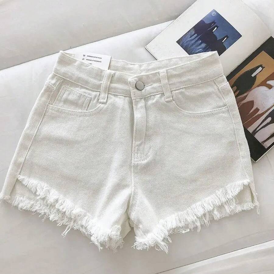 Pantalones cortos vaqueros con dobladillo crudo para mujer, Shorts de pierna ancha, color blanco, negro y azul, estilo coreano, Verano - Blanco - Ver 1