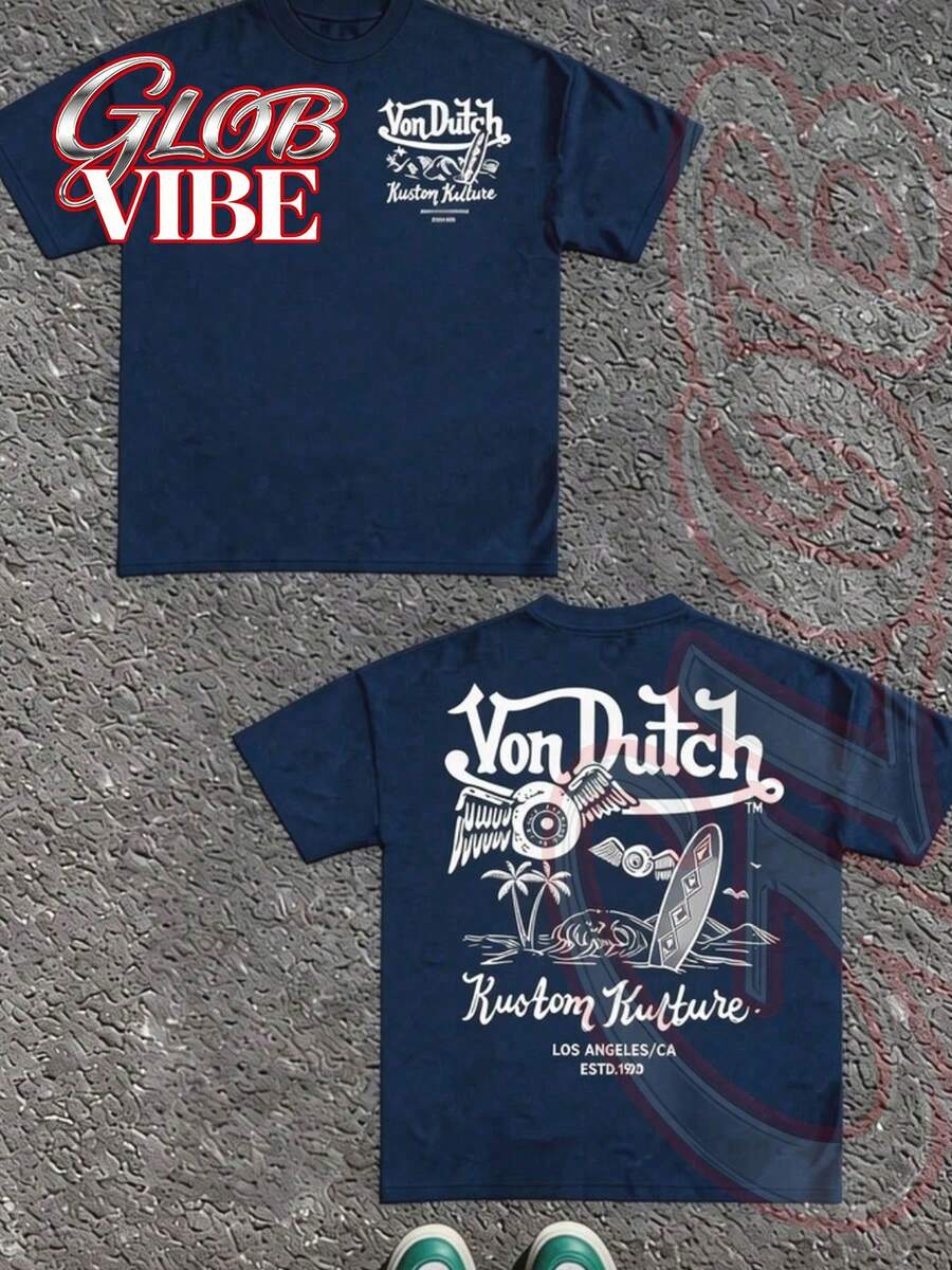 GLOBVIBE Men's Summer Outdoors T-Shirt With Fashion Brand VOND**H And Fly EYEs Printed Graphic Tee, Y2K Streetstyle Gender-Neutral Fashion Casual Gifts For Friends, Loose Multifunctional Round Neck Multicolor Shortsleeve Tee, Fashionable Daily Wear. - Màu xanh hải quân - Xem 1