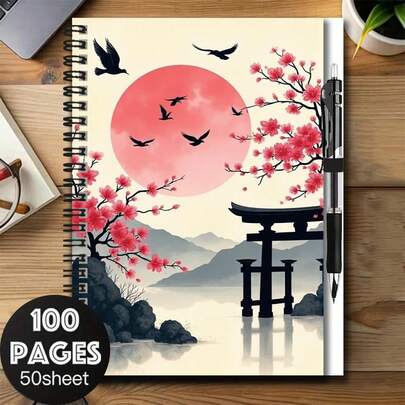 1 Set Japanese Style Spiral Notebook With Pen, Cover Featuring Blooming Sakura Flowers, Flying Birds, Red Sun And Traditional Torii Gate, Scenic And Beautiful. 100 Practical Pages, Suitable For Work, Study, Planning, Diary Writing, Also An Ideal Gift For Graduation, Birthday And Other Occasions.