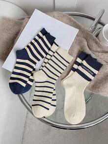 3 paia di calze a righe con stampa di lettere per donna, stile casual da scuola, traspiranti, a metà polpaccio, per primavera/estate - Multicolore - Visualizzare 1