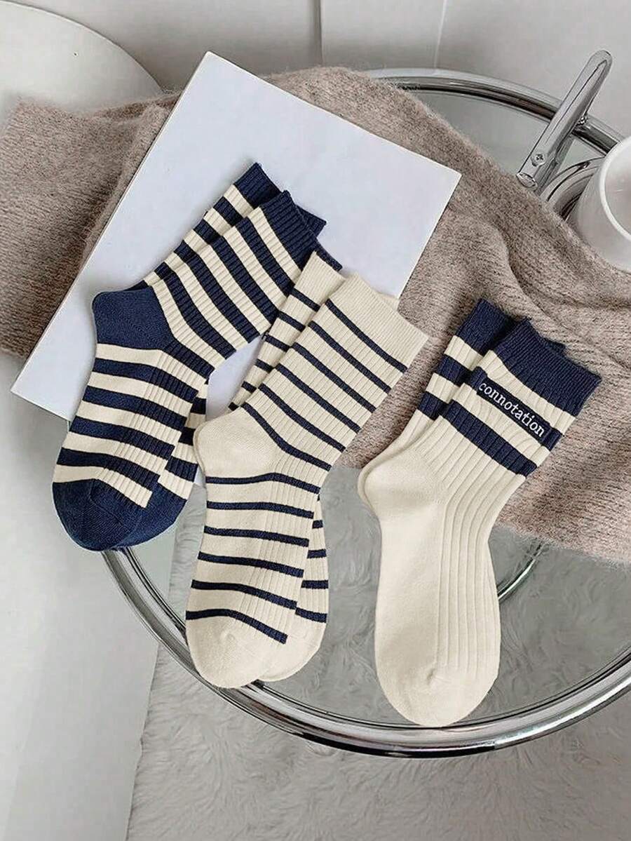 3 paia di calze a righe con stampa di lettere per donna, stile casual da scuola, traspiranti, a metà polpaccio, per primavera/estate - Multicolore - Visualizzare 1