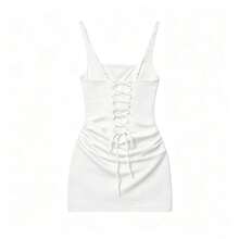1 pieza Vestido elegante de verano blanco para mujer con tirantes finos, cintura fruncida y diseño sexy y a la moda - Blanco - Ver 3