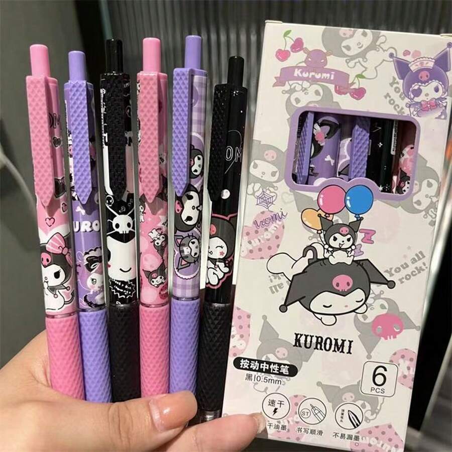 SANRIO 6支装卡通三丽鸥库洛米中性笔套装，0.55mm黑色速干墨水笔，适用于学校办公用品、学校必备用品、文具用品、学习用品、完美的派对礼物、粉丝节日礼物。 - 彩色 - 查看 1
