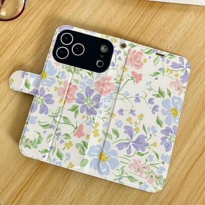 1pc Fashion Cute Purple Floral Pattern Full Coverage Classic Anti-Drop High-Quality PU Leather Flip Wallet Phone Case, Foldable Card Holder, Full-Body Protective Cover, Suitable As Birthday/Holiday Gift For Friends, Family, Couples, Fits IPhone17/IPhone17 Air/IPhone17pro/IPhone17pro Max/IPhone16/IPhone16 Plus/IPhone16pro/IPhone16pro Max/IPhone15/IPhone15 Plus/IPhone15pro/13/14/12/11