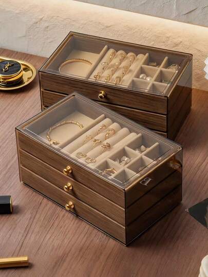 1 pezzo Scatola portagioie di lusso in noce nero, scatola portagioie in legno a 3 ripiani con design a cassetto, materiale in acrilico trasparente per riporre orecchini, anelli, collane, bracciali, pendenti e altri gioielli