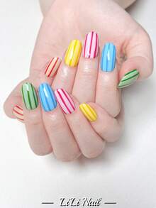 10pcs Handmade Short Oval Nail Stickers, Cute Y2K Style Summer Nails, Multi-Color Options Including Blue, Green, Striped, Solid, Suitable For Women's Daily, Party, Office Wear, Reusable, Comes With Nail Art Tool Kit - Multicolor - View 3