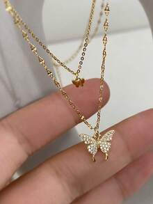Dây chuyền hai lớp sang trọng, nhẹ nhàng với mặt dây chuyền hình trái tim bướm đính kim cương, kiểu dáng đa năng và độc đáo, phù hợp cho thanh thiếu niên. - Vàng - Xem 8
