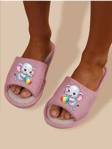 Women's Animal Print Couple Open-Toe Slippers, New Arrival Spring Autumn All Season Cute Animal Fabric Breathable House Slippers, Linen, Ideal Gift - Pink - View 3