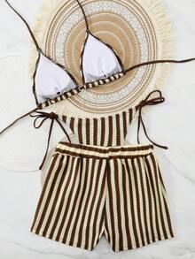 Traje de baño conjunto tres piezas para mujer para playa piscina vacaciones semana santa brunch y salidas a la playa bikini triangular con lazadas y shorts de playa con cordón color rojo y rosa textura arrugada estilo bohemio apto para verano y temporadas cálidas - Café integral - Ver 2