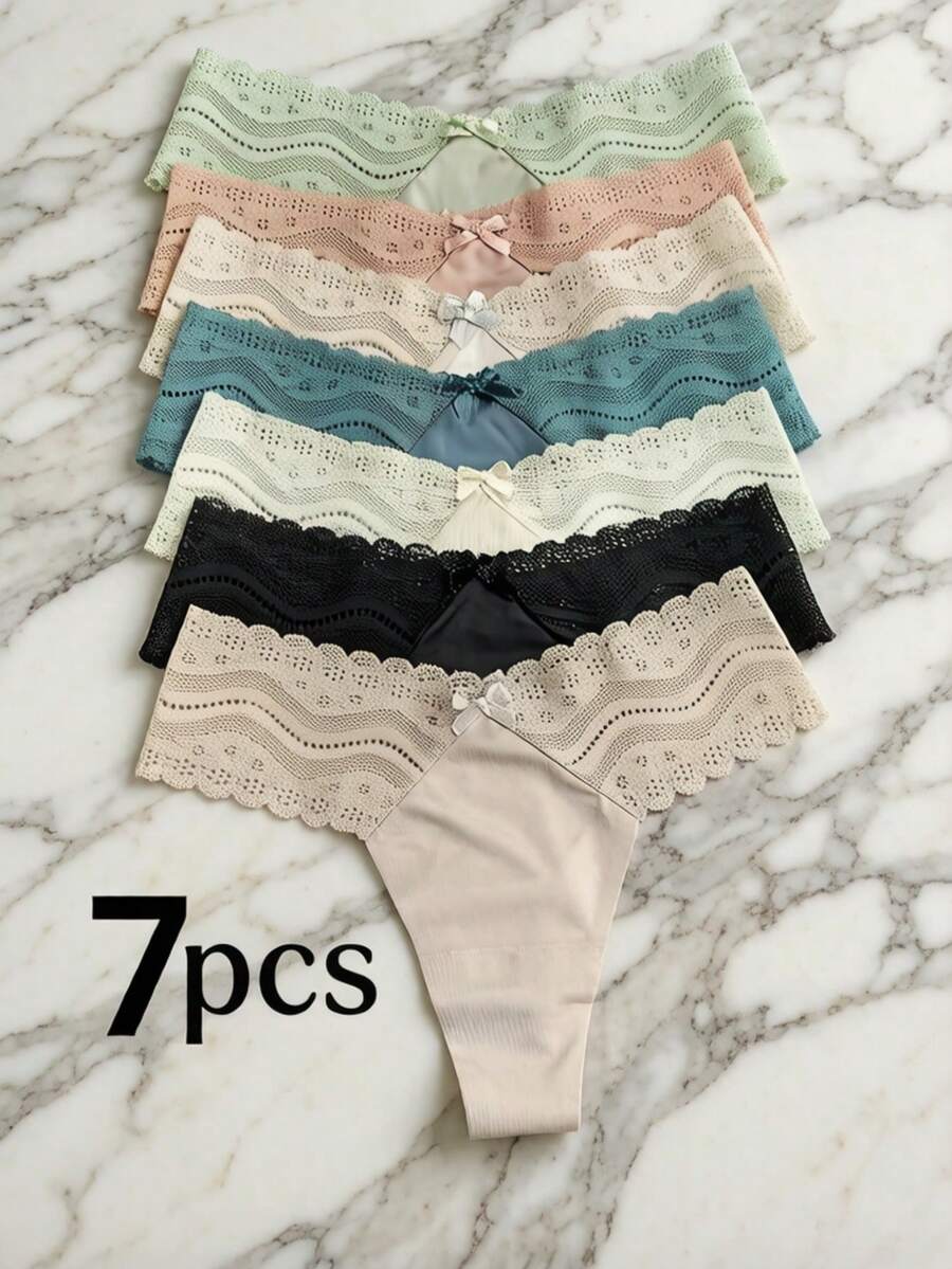 7-Pack Women's Silk Crotch Satin Panties Set, Luxury Underwear With Mulberry Silk Lining. Exquisite Hollow Lace Waistband, Mid-Waist Breathable Panties.Tangas Para Mujer, Hilos De Mujer,Ropa Interior Para Mujeres No Pinching, No Rolling, Comfortable Fit. Gift Box Set For Valentine's Day And Anniversaries. 7 Colors Available, Daily Essential Lingerie. - 彩色 - 查看 1