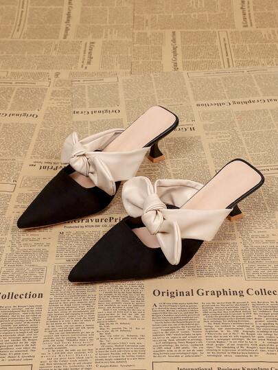 Pointed Toe Bow Backless Women High Heel Sandals, Versatile Closed Toe Slip-On Women High Heel Pumps, Suitable For Business, Party, Wedding, Nightclub