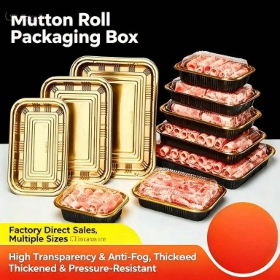 Disposable Plastic Meat Roll Container With Transparent Lid, Black Gold Edge PET Tray Suitable For Beef, Lamb, Pork Slices, Stackable Frozen Takeout Box Suitable For Hot Pot, BBQ - Multicolor - View 1