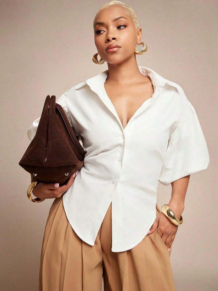 Solid Self Tie Back Collared Button Up Long Sleeve Top - Blanco - Ver 1