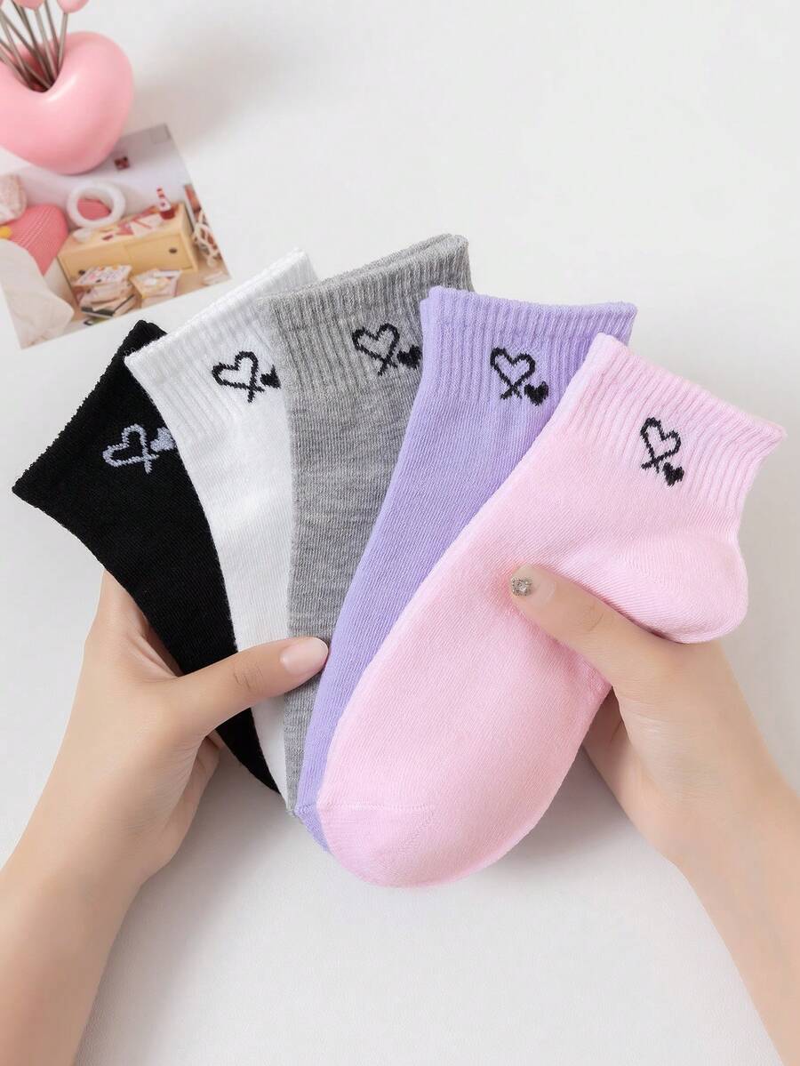 5 Pairs Minimalist Heart Design Unisex Sports Ankle Socks, Soft & Comfortable, Moisture-Wicking & Odor-Resistant, Suitable For Valentine's Day, Casual Daily Wear, Outdoor Activities - Multicolor - View 1