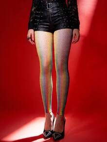 Curve Tights Elastic 7/8 Leggings, Gothic Style Hollow Fishnet Stockings, Sexy Sheer Pantyhose, Skinny Colored Tights, Versatile For Spring/Summer, Suitable For Vacation, Dating, Halloween Costume, Skort Pairing - Multicolor - View 19