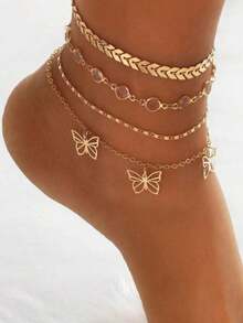 3pcs Red Beaded Multi-Layer Anklet, Cherry Foot Chain - Gold Butterfly Anklet 4 Pieces - View 5
