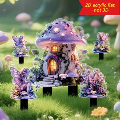 Bộ 5 cọc cắm đất hình nhà nấm cổ tích phong cách Bohemian, vật trang trí sân vườn hoạt hình, trang trí ngoài trời cho bãi cỏ.