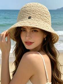 1pc Spring/Summer Hollow-Out Sun Hat, Bohemian Style Bucket Hat, Wide Brim Breathable Knit Cap. With UV Protection Function, Multi-Functional Fashion, Can Make Your Face Look Smaller.,Beach,Vacation - Multicolor - View 10