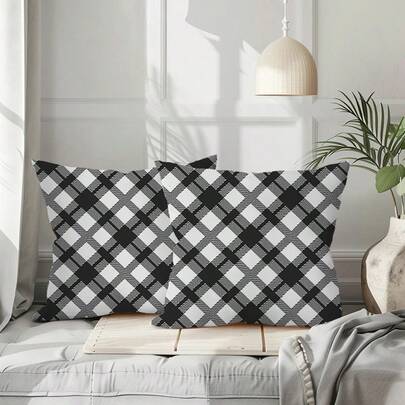 Bộ 2 vỏ gối in họa tiết kẻ caro đen trắng cổ điển, phong cách retro Bắc Âu, thích hợp trang trí phòng khách và phòng ngủ (không kèm ruột gối), (nhiều kích cỡ), (không thêu), (in một mặt)