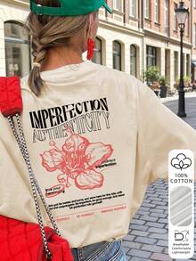 Senaste modellen 2026: Dam-T-shirt i retroamerikansk stil med hibiskus- och "Imperfekt"-slogansmönster, lös passform som framhäver figuren för sommaren. PopulärhetPopulärhet - Aprikosfärg 2 - Visa 5