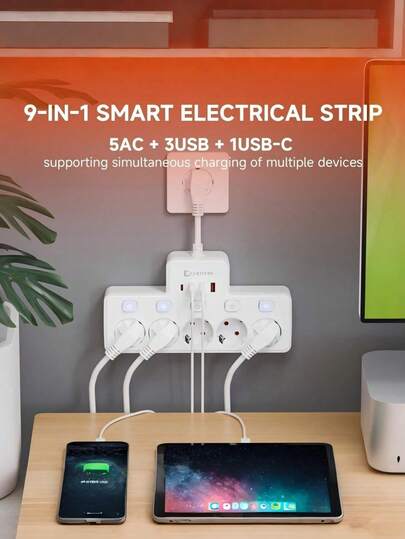 1 ổ cắm điện đa năng 9 trong 1, ổ cắm nhiều cổng điều khiển đơn, 5 cổng AC + 3 cổng USB + 1 cổng Type-C, điều khiển công tắc độc lập, thích hợp cho trang trí nhà cửa, thợ điện, thiết bị gia dụng.