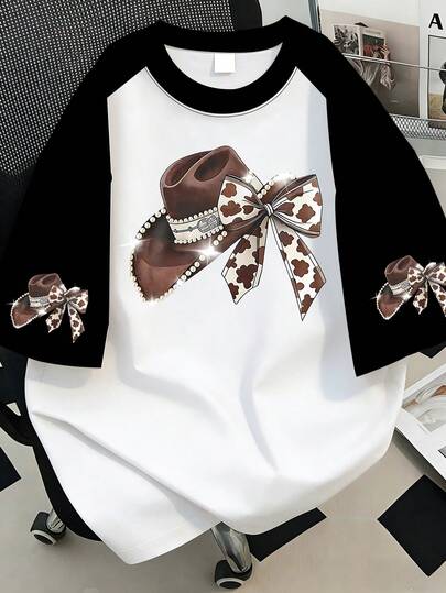 Tricou de damă mărime mare, cu guler rotund și mânecă raglan, cu imprimeu cu fluturi și perle, potrivit pentru ieșiri de vară, picnicuri, festivaluri