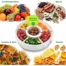 6/9 Compartment Rotating Divided Plate With Lid And Handle, 12-Inch Large Turntable Fruit & Vegetable Tray, Portable Round Snack Box For Candy, Fridge Storage - View 11