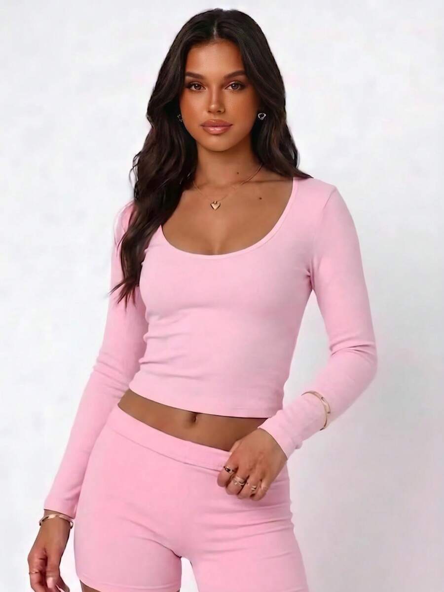 Women's Ribbed Slim Fit Crop Top, Long Sleeve Scoop Neck Bodycon Casual Top - Pink - View 1