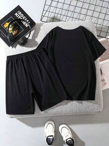 Set de 2 piezas Conjunto de ropa con estampado de dibujos animados para niños, de tela cómoda, estilo de fiesta de verano - Negro - Ver 2
