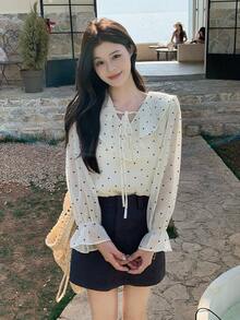 Ruffled Polka Dot Korean Style Blouse, Loose Fit Flattering Spring New Arrival Top - Apricot - View 4