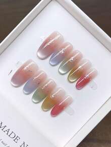 Ongles à presser portables faits à la main, design carré court peint à la main dans un schéma de couleurs arc-en-ciel d'œil de chat macaron, design minimaliste élégant de haute qualité, style de set printanier, style d'ongles Y2K, faux ongles créatifs de niche uniques, nail art quotidien, ongles de style mignon moderne, convenant à un usage quotidien, détachables - Multicolore - Voir 12
