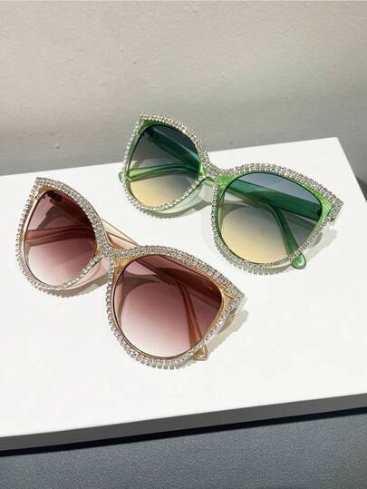 1 Pair Women's Plus Size Cat Eye Full Frame Fashion Glasses, Crystal Decor, Gradient Lenses, Green, Luxury Handmade Jelly Glasses, Suitable For Y2K Music Festival, Summer Beach Vacation, Outdoor Travel