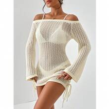 Spring/Summer Vacation Off-Shoulder Double Drawstring Pleated Design Dress Hollowed-Out Beach Cover-Up Textured Bodycon Skirt - White - View 8