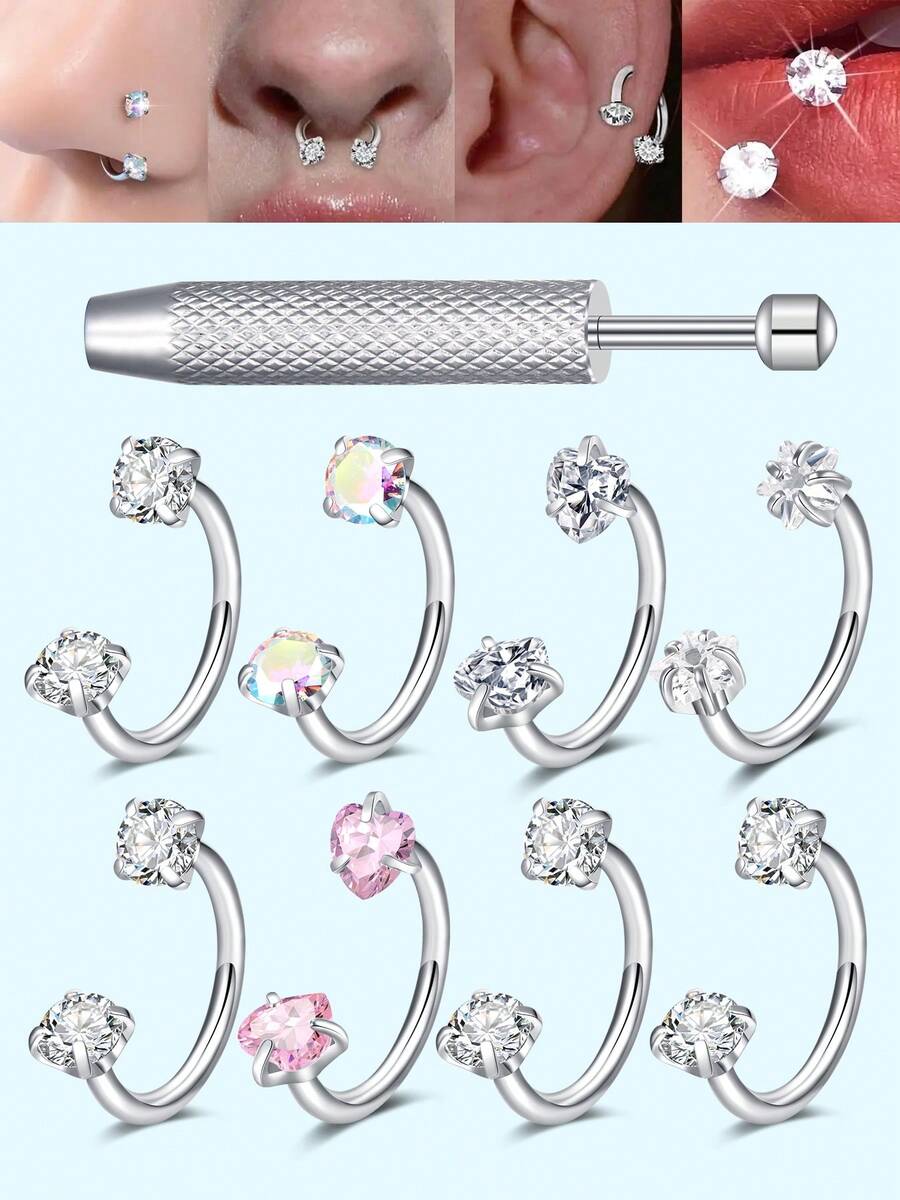 Bộ 5 khuyên mũi hình trái tim, ngôi sao, tròn, móng ngựa đính đá CZ, ren trong, thép không gỉ 18 gauge 8mm, lý tưởng cho xỏ mũi, sụn tai, vành tai, môi, trang sức xỏ mũi, trang sức cơ thể cho nam nữ, đeo hàng ngày, quà tặng lễ hội