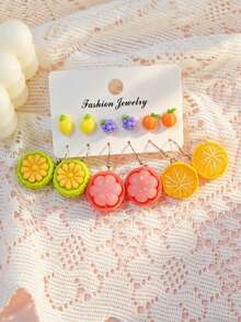 12pcs Women Dopamine Sweet Simulated Fruit Earrings Set, Funny Pineapple, Jackfruit, Orange, Grape, Lemon Pendant Earrings - Multicolor - View 2