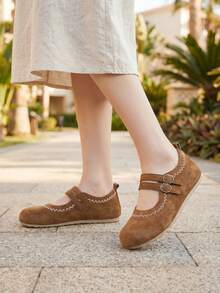 Women's 2026 Soft Bottom Lightweight Comfortable Retro Stitching Double Buckle Decor Round Toe Slip-On Flat Casual Shoes, Suitable For Forest Style, Artistic, All Seasons, Gatherings, Daily Commute, Suede Velvet Camel Mary Jane Shoes - Camel - View 2