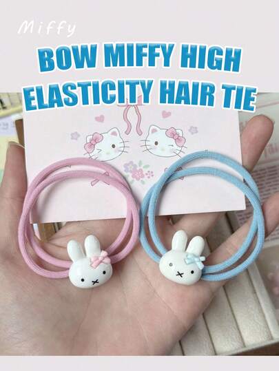  MIFFY Cartoon Bow Cat Rabbit Hair Rope Hair Clip Simple Girl Sweet Scrunchie High Elasticity Bestie 
Hair Ties, Kawaii Japanese Style 2 Color Options Pink Blue With 3D Miffy Head And Small Bow, Aesthetic Soft Elastic Band With Cute Charm For Daily Use, Lightweight Comfortable For School Office Party Daily Wear