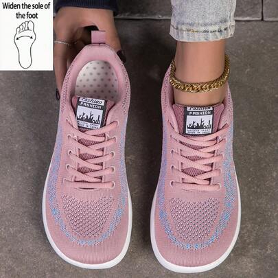 Neue rosa Schnür-Barfußschuhe mit breiter Zehenbox für Damen, Casual Sneaker, atmungsaktives Strick-Mesh-Design, Straßenlaufschuhe, geeignet für Senioren, breite Füße, Übergewichtige, geschwollene Füße, weich und bequem für täglichen Pendlerverkehr und Freizeitbekleidung