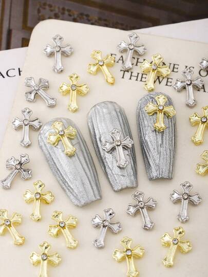 20pcs Luxury Gold & Silver Metal Y2K Cross Nail Art Decorations, Punk Style Rhinestone Nail Jewelry, Nail Accessories, 3D Alloy Multi-Functional DIY Decor Stickers For Nails, Phone Cases, Shoes, Clothes, Bags