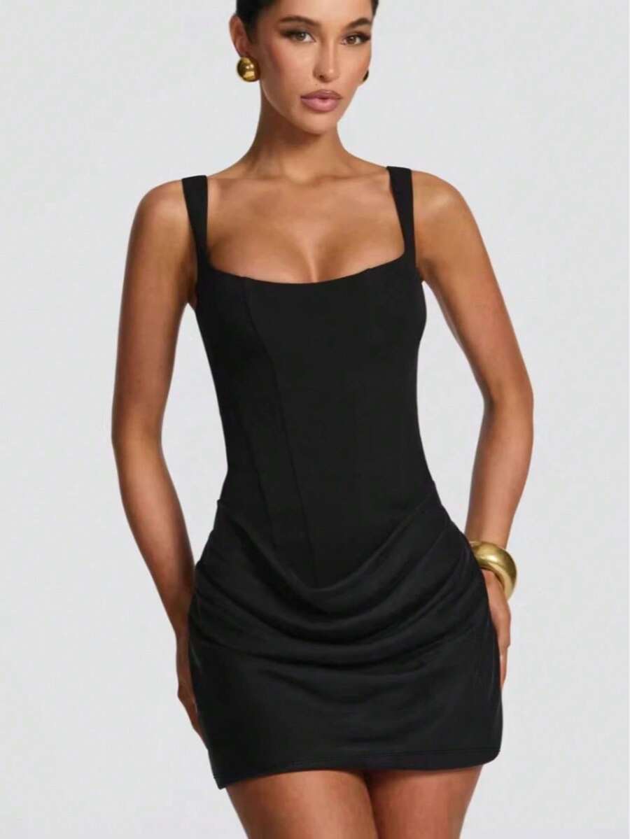 1pc Fashionable Sexy Women's Spaghetti Strap Ruched Waist Dress Party Elegant Black Summer - Black - View 1