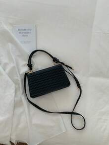 1pc Black Wavy Pattern PU Small Square Handbag, Women's Spring Tote Bag With Shoulder Strap - Black - View 4