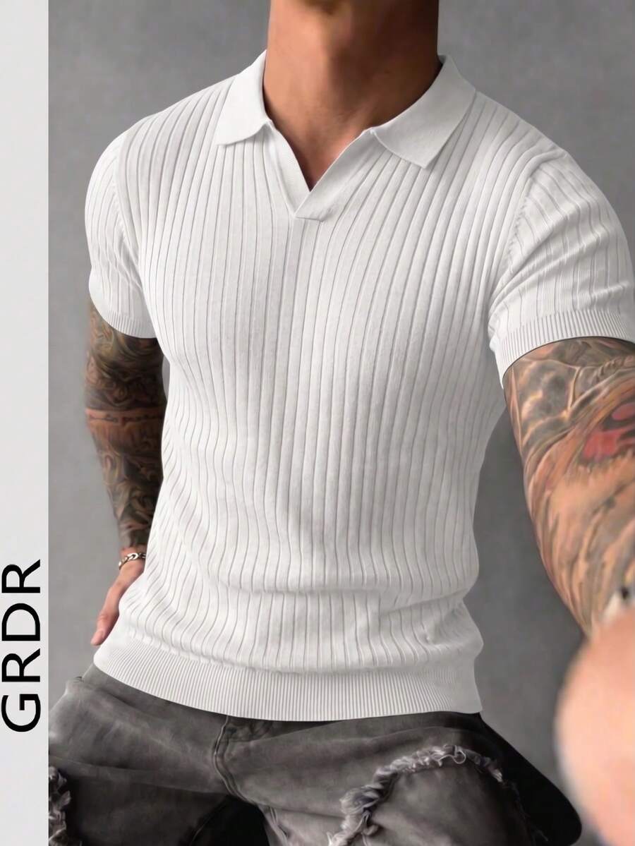 GRDR Men's Summer Airplane Collar Ribbed Solid Color Short Sleeve Knit Sweater, Suitable For Summer Outings, Essential For Fashionable Styling