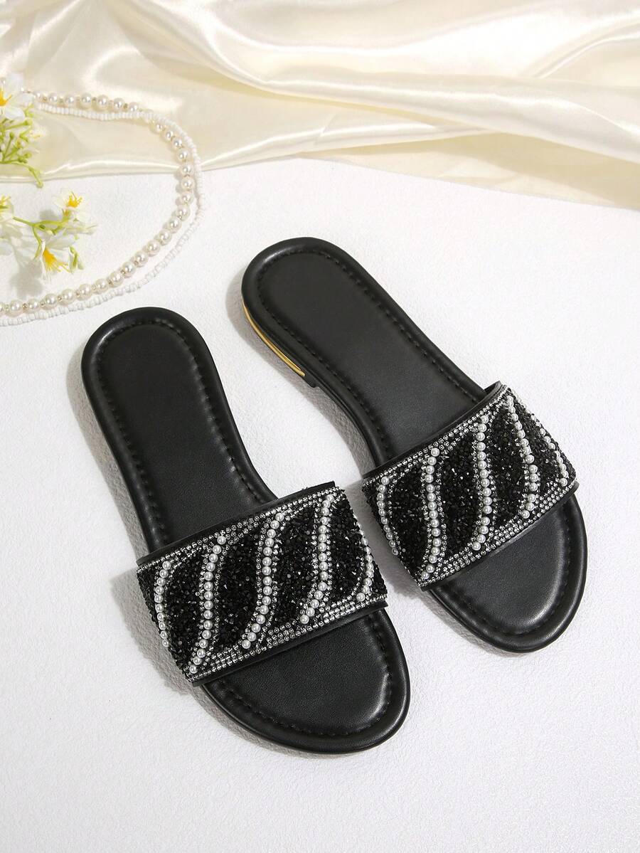 Women's Spring/Summer New Square Toe Flat Sandals, Fashion Party Rhinestone Slippers, Black-White-Pink, Size 41-43 Plus Size, Sexy Style, Matching Dresses - Black - View 1