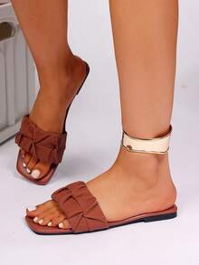 New Ruffle Trim Square Toe Slide Sandals, Casual Vacation Style Flat Slippers - Brown - View 3