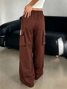 1pc Tween Girls' Loose Fit Side Stripe Cargo Wide Leg Pants, Relaxed Casual Trousers For Daily Wear & Commute - Brown - View 2