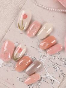 Kit com 10 unhas postiças, unhas postiças artesanais, unhas falsas com florzinhas rosa e brancas, para uso diário no escritório. Inclui 1 cartela de adesivos e 1 mini lixa. - Multicolorido - Ver 2