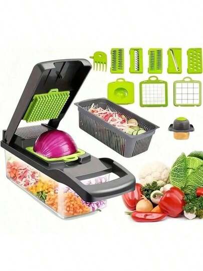 1Vegetable Onion Chopper, Multifunctional Cutting Machine, Ingredient Processing Tool, Onion Chopper With Drain Basket, Carrot Garlic Chopper With Container, Kitchen Tools, Kitchen Accessories, Suitable For Home/Restaurant To Quick